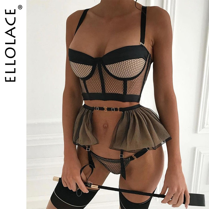 Sexy Lingerie Sensual Fancy Underwear Ruffle Garter Belt Set 3-Piece Lace Padded Bra Delicate Luxury Erotic Sets