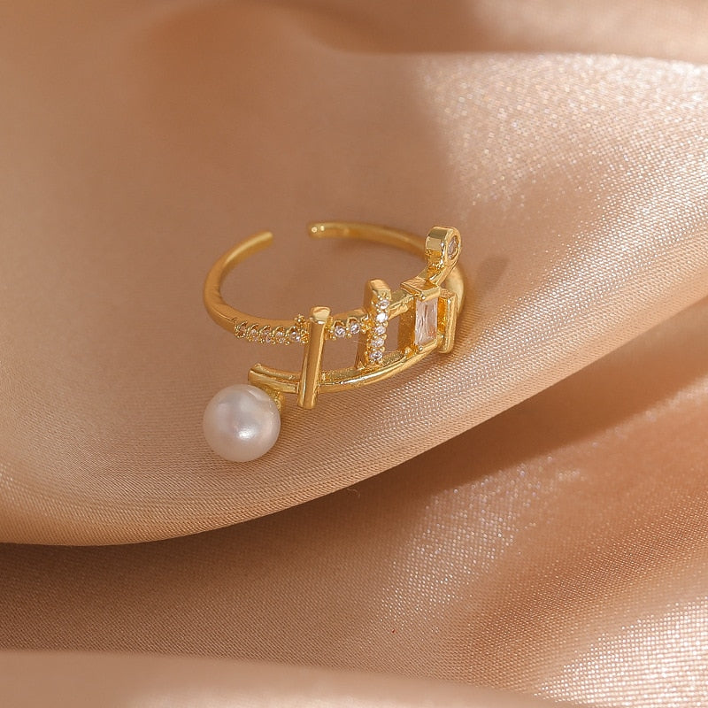 Luxury Gold Color Pearl Zircon Rings Vintage Sexy Open Joint Elegant