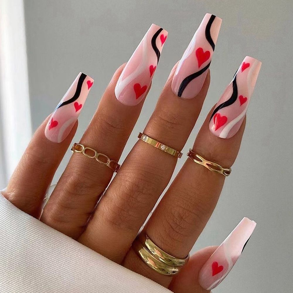24pcs/Box Glitter Coffin False Nails Pink/White Heart Design French Ballerina Fake Nails Full Cover Nail Tips Press On Nails