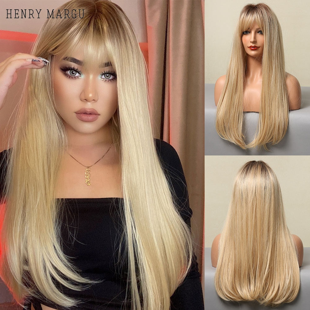 Long Straight Synthetic Wig Ombre Brown Blonde Golden Heat Resistant Wigs Cosplay Party Hair Wig