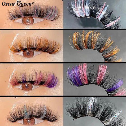 Colored Lashes With Glitter Natural Wispy Colorful Mink Lashes Bulk Pink Red White Color Fake Eyelashes