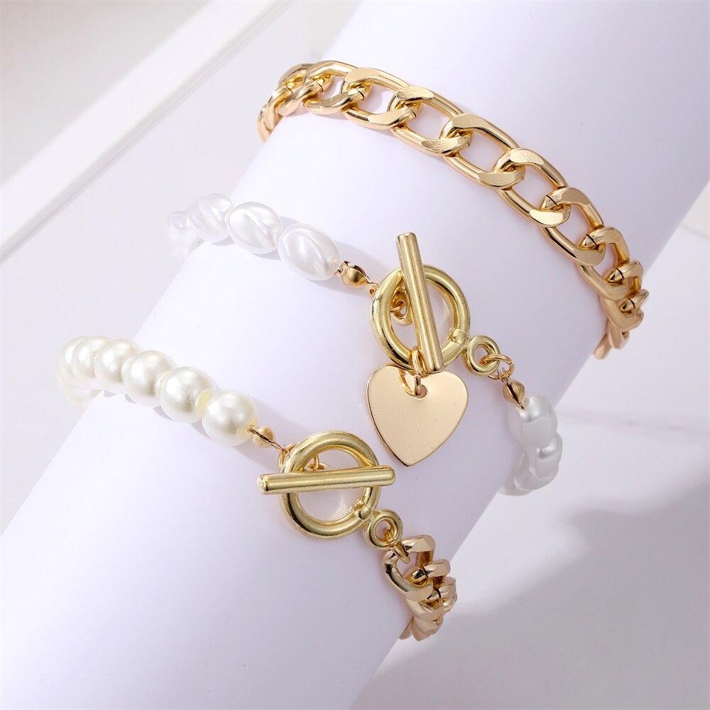 Bohemian Gold Color Angel Bracelets for Women Boho Jewelry Geometric Layered Pearl Hand Chain Charm Bracelet Set