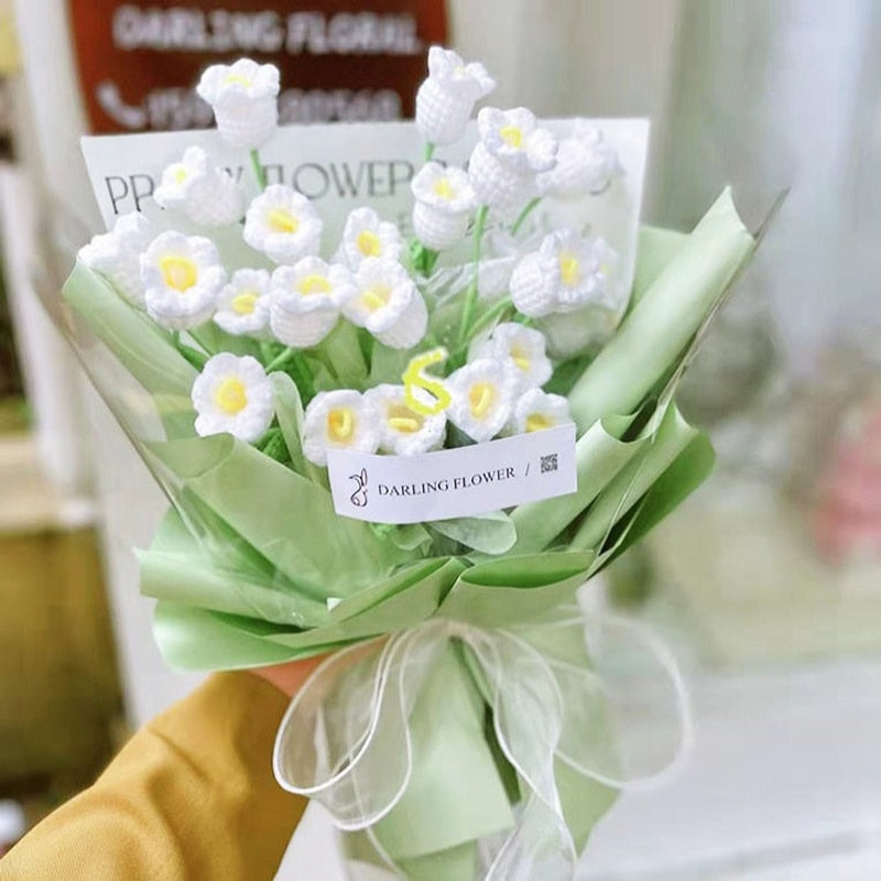 5pcs Finished Handmade Hand-knitted Yarn Crochet Lily of the Valley Artificial Flowers Bouquet Birthday Gift Home Decor