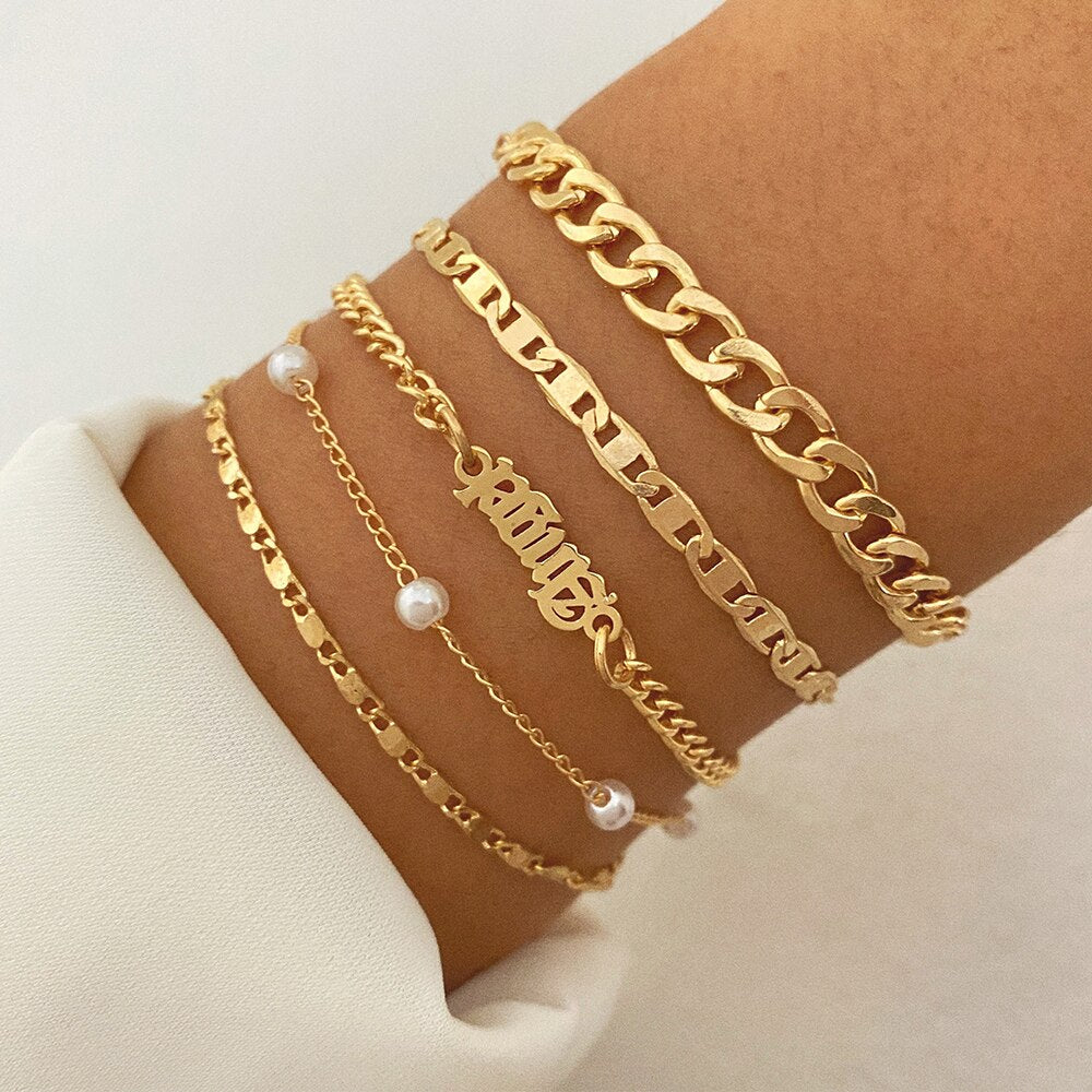 Bohemian Gold Color Angel Bracelets for Women Boho Jewelry Geometric Layered Pearl Hand Chain Charm Bracelet Set