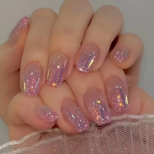 24pcs Wear Nail tips Short Ballet Fake Nails Flash Pink Purple Glitter Aurora French False nail pieces Press On Nails