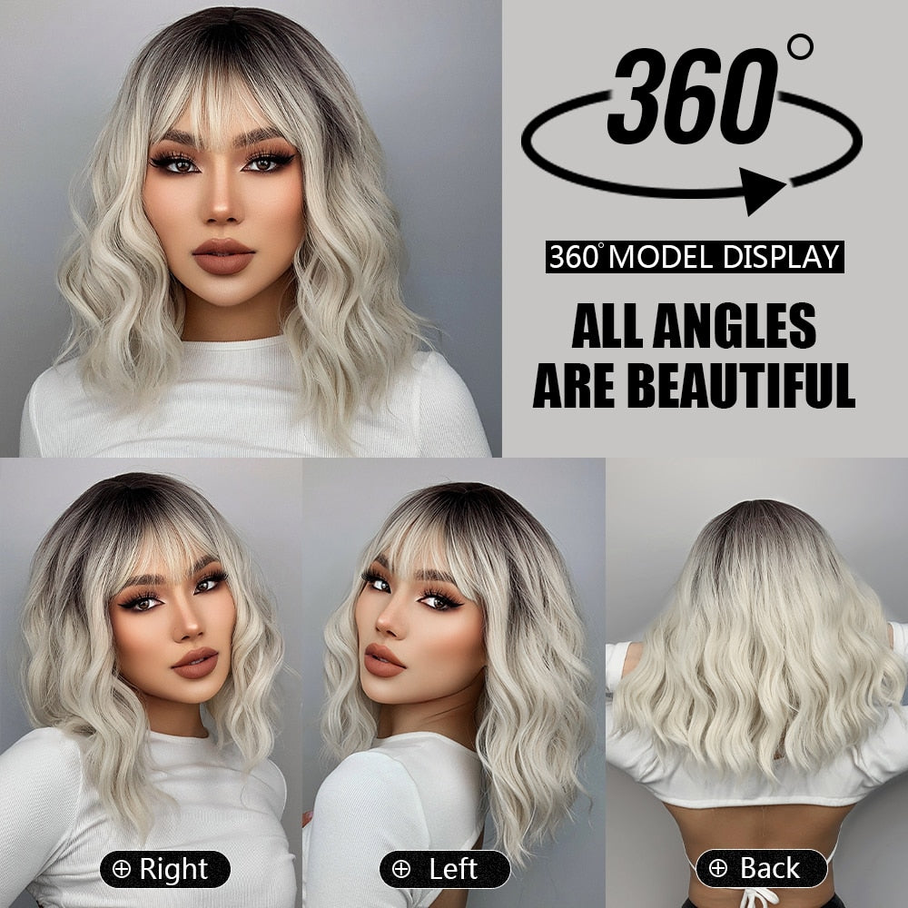 Ombre Blonde Short Bob Synthetic Wig For Women With Bangs White Gold Body Wave Cosplay Lolita Natural Heat Resistant Hair