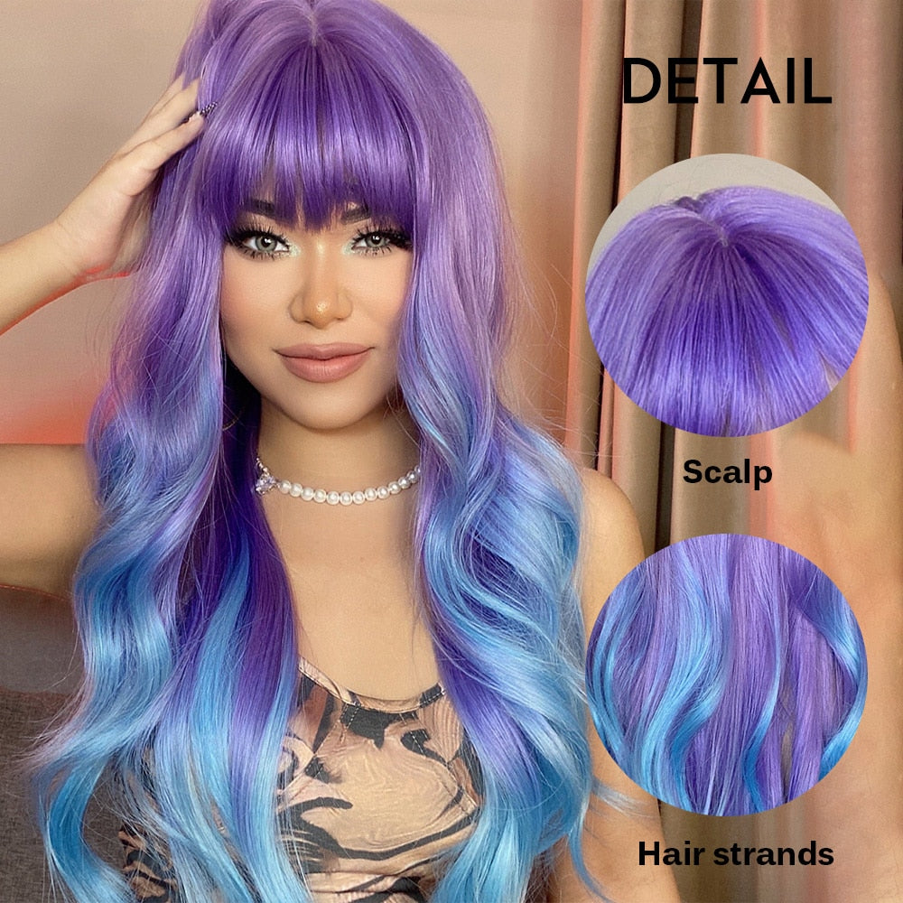 Purple Blue Wig with Bangs Long Wavy Cosplay Lolita Women Wigs Halloween Party High Temperature Hair
