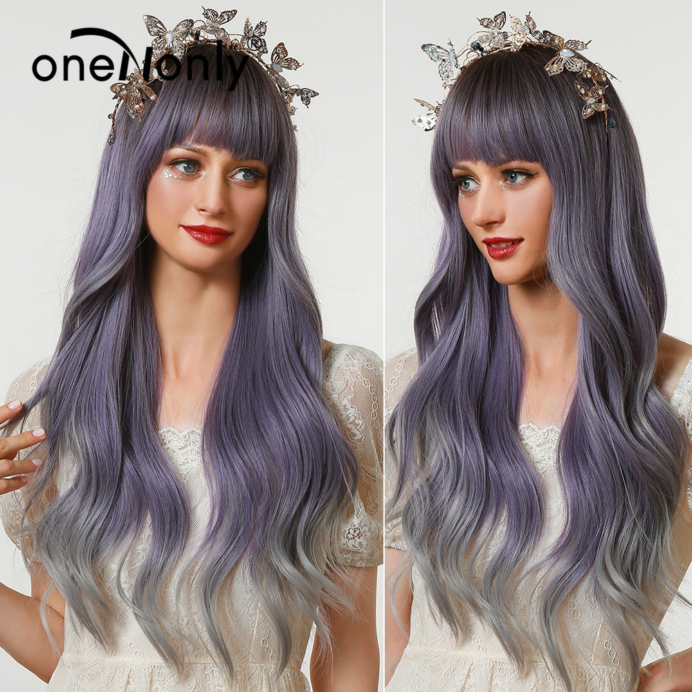 Purple Blue Wig with Bangs Long Wavy Cosplay Lolita Women Wigs Halloween Party High Temperature Hair