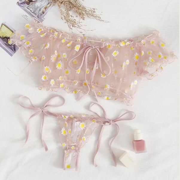 Sexy Women Underwear Lace Floral Wire Free Lingerie Set Off-Shoulder Small Chest Bralette+Thong Beachwear Transparent Bra Set