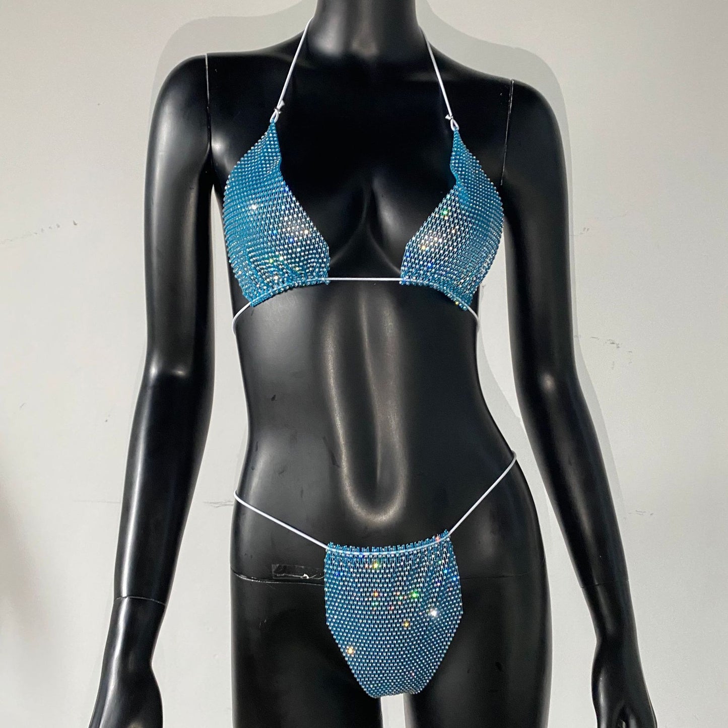 Bling Rhinestones Fishnet Bikini Women Halter Bra Sexy Panty 2 Piece Outfits Lady Lingerie Set Sexy Swimwear Women