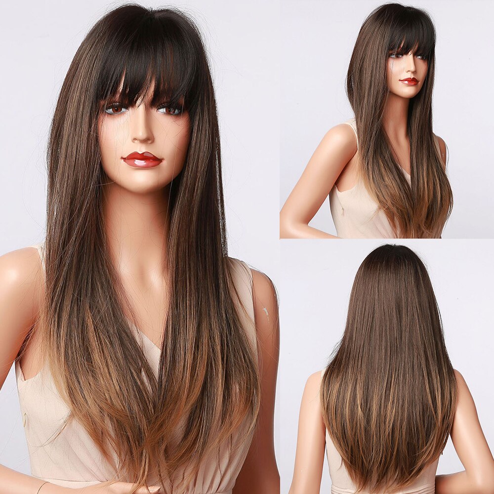 Long Straight Synthetic Wig Ombre Brown Blonde Golden Heat Resistant Wigs Cosplay Party Hair Wig