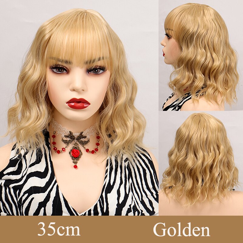 Synthetic Short Water Wave Cosplay Bob Wig with Bangs Heat-resistant Fiber Lolita Wigs For Women Daily Wear
