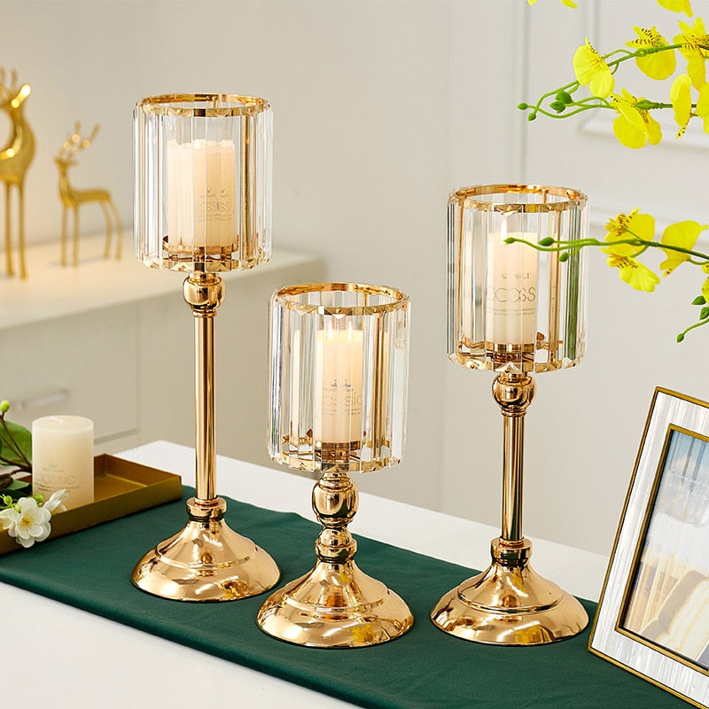 European Metal Crystal Candle Lantern Gold Candle Holders Wedding Center Table Candlesticks Parties Home Decor