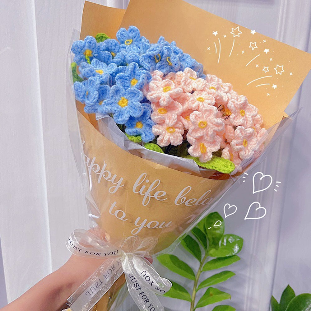 Finished Hand Knit Crochet Forget Me Not Flowers Handmade Flower Bouquet Home Decoration