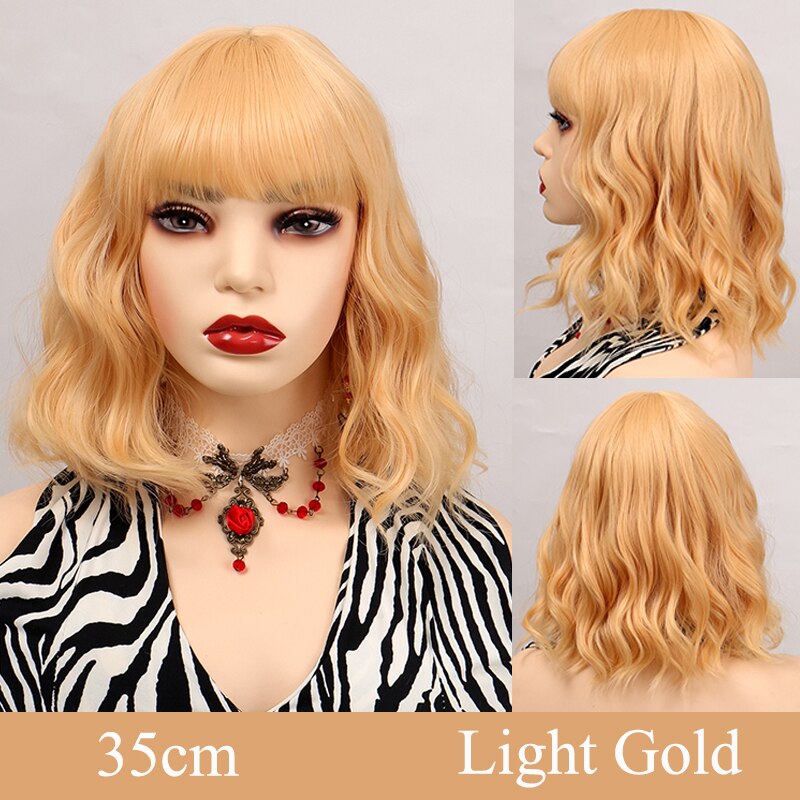 Synthetic Short Water Wave Cosplay Bob Wig with Bangs Heat-resistant Fiber Lolita Wigs For Women Daily Wear