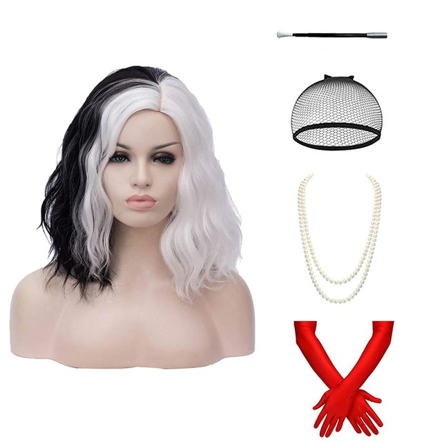 Anime Cruella De Vil Short Cruly Half Black And Half White Wavy Band Bangs Ladies Cosplay Wig Synthetic Halloween Wig + Wig Cap