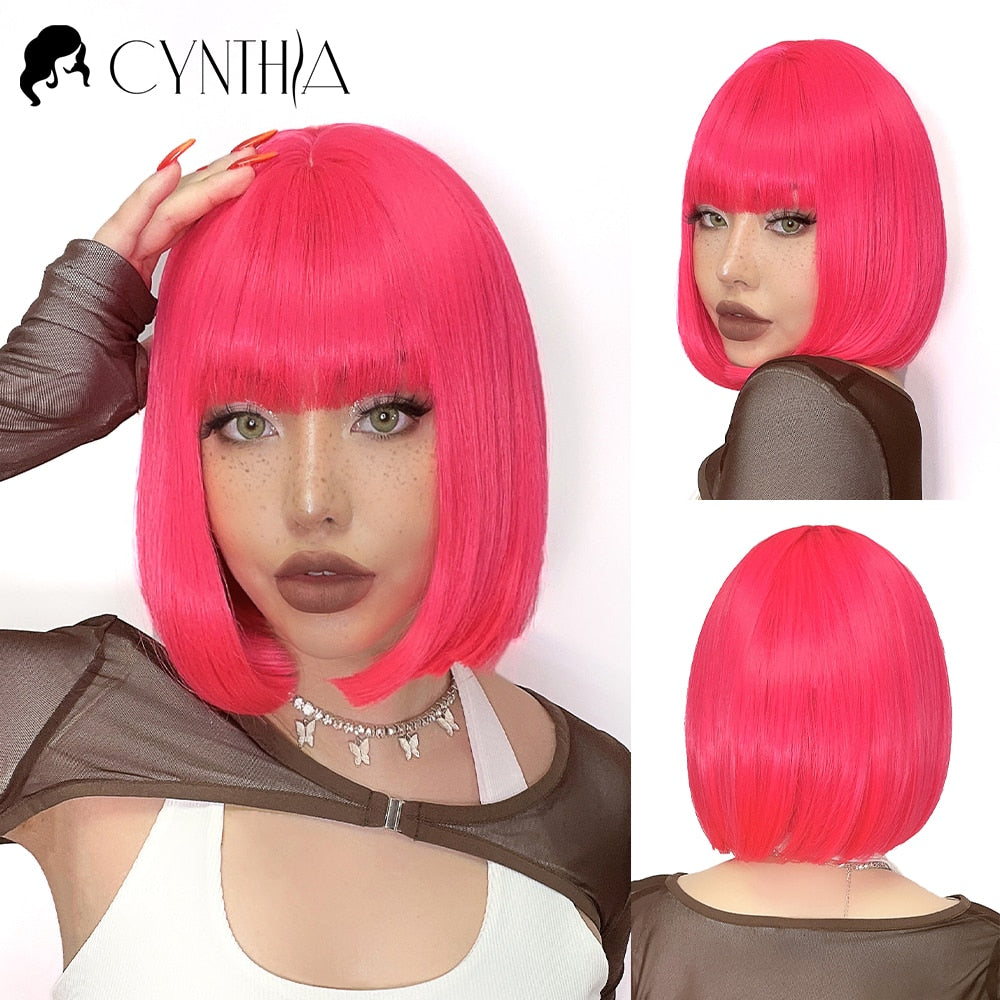 Green Short Bob Hair Synthetic Wig For Woman With Bangs Blonde Ombre Pink Cosplay Lolita Party Heat Resistant Daily Natural Hair