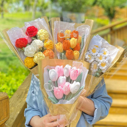 Knitting Flower Rose Carnation Fake Flowers Bouquet Decoration Hand-woven Home Table Decorate Creative Fake Flower Gifts
