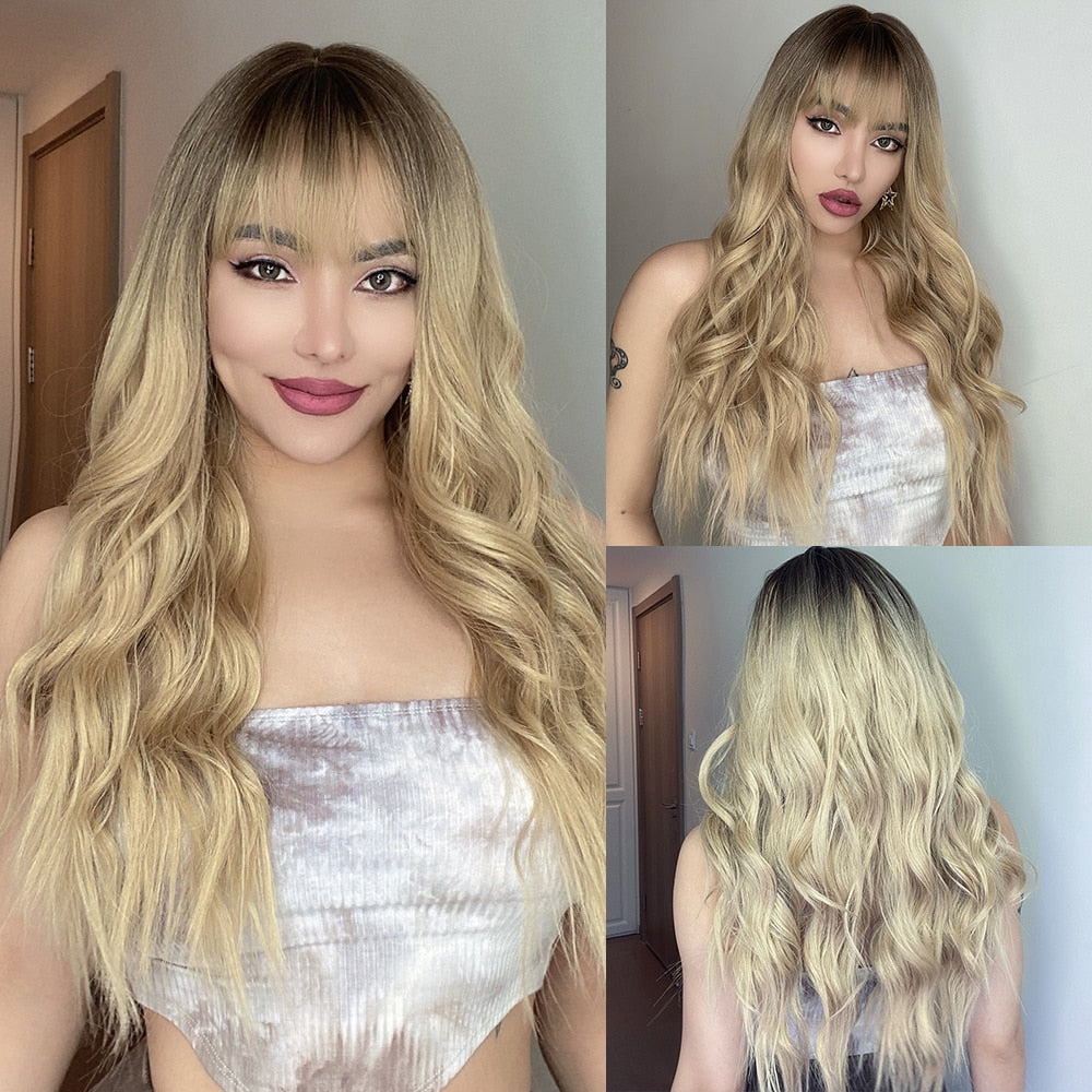 Blonde Unicorn Synthetic Long Wavy Wig Ombre Purple to Blue For WOMEN Cosplay halloween Wigs Heat Resistant Fiber Bangs Hair