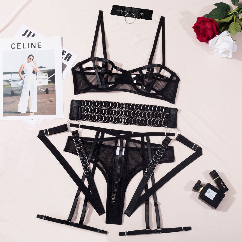 Sensual Lingerie Hollow Bra Sexy Underwear Women Body Garter Belt With Rings Naked Without Censorship 3-Piece