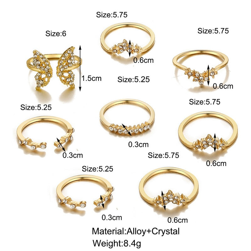 Vintage Bohemian Butterfly Gold Color Ring Sets Zircon Flower Leaf Open Rings for Women Simple Knuckle Accessories