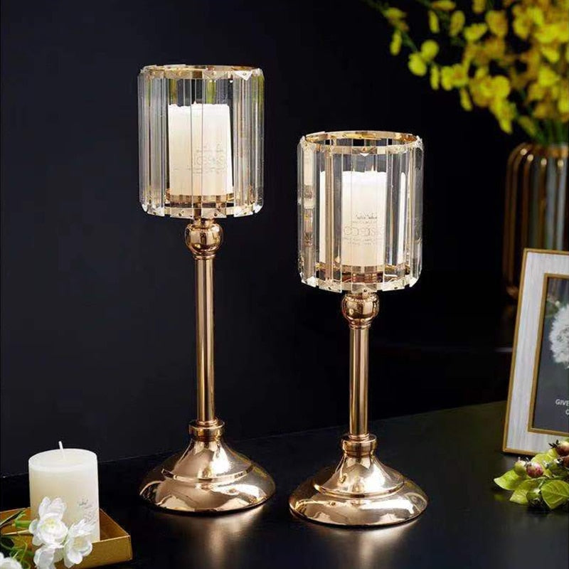 European Metal Crystal Candle Lantern Gold Candle Holders Wedding Center Table Candlesticks Parties Home Decor