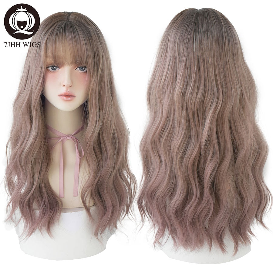 Blue Deep Wave Wig With Bangs Long Omber Brown Hair Layered Heat Resistant Cosplay Party Synthetic Wig