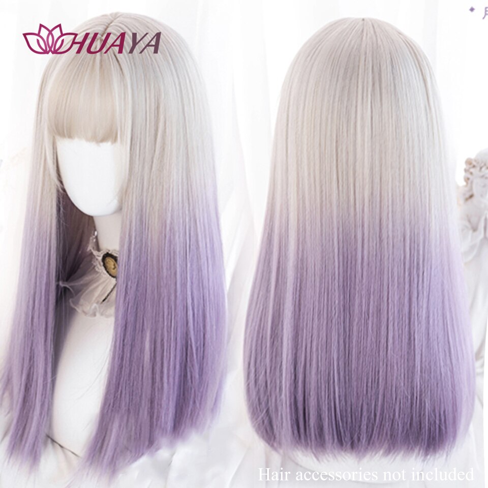 Long Straight Wig with Bangs Purple-White Heat Resistant Synthetic Hair Wigs for African American Girl Lolita Cosplay Wig