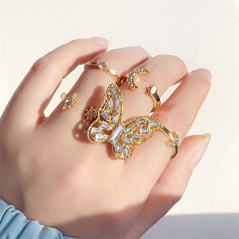 Vintage Boho Crystal Butterfly Flower Rings Set For Women Elegant Geometric Leaf Chain Tassel Knuckle Finger Rings Party Jewelry