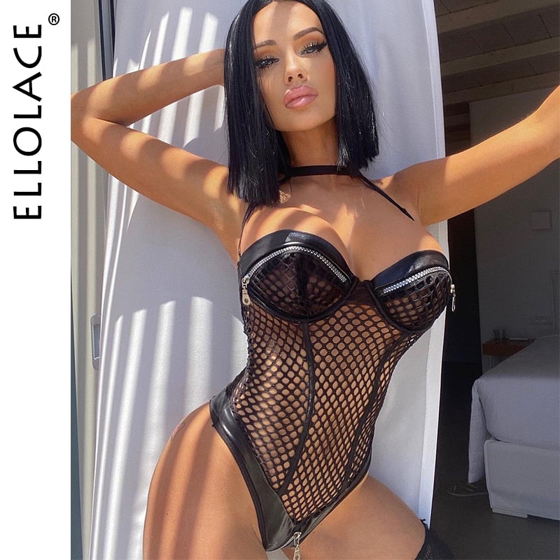 Sexy Bodysuit With Zipper Open Bra Mesh Transparent Naked Women Uncensored Halter Body Crotchless Luxury Leather Tops