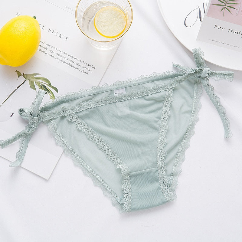 Solid Ruffle Lace Mesh Seamless Panties For Women Hollow Out Transparent Sexy Underwear Briefs Female Lingerie Thongs