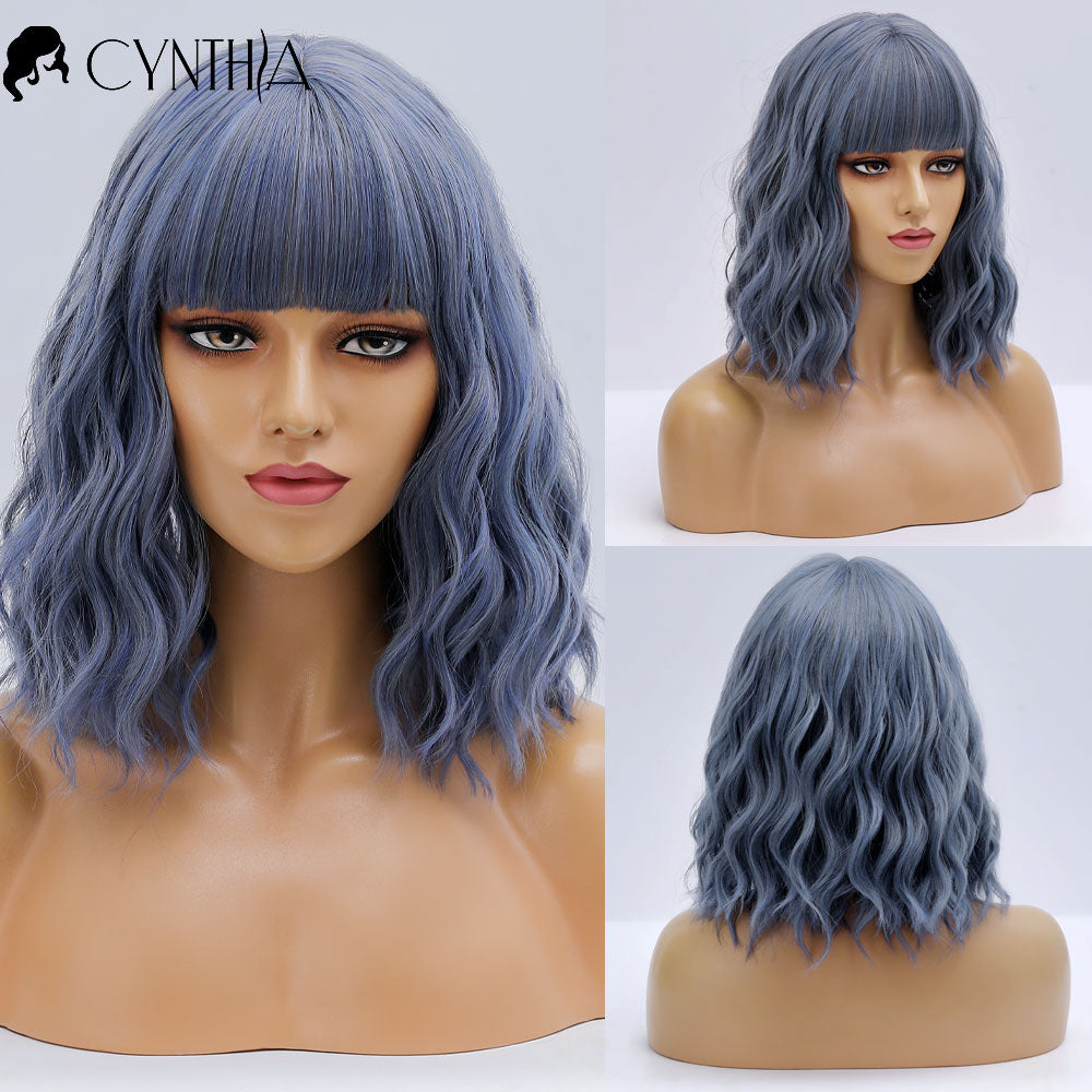 Ombre Blonde Short Bob Synthetic Wig For Women With Bangs White Gold Body Wave Cosplay Lolita Natural Heat Resistant Hair