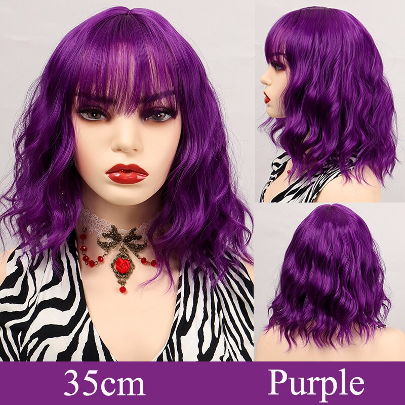 Synthetic Short Water Wave Cosplay Bob Wig with Bangs Heat-resistant Fiber Lolita Wigs For Women Daily Wear