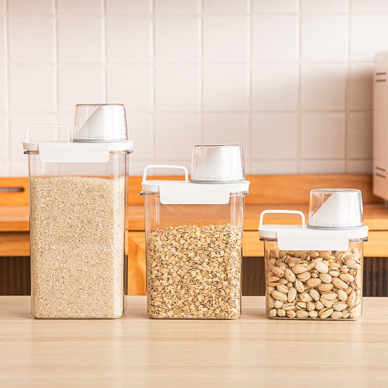 Airtight Food Storage Container Transparent Kitchen Cereal Storage Jars with Measuring Cup Pouring Spout Cabinet Organizer Box