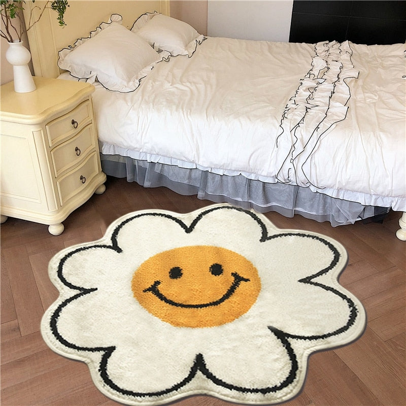 Flower Rug Living Room Nordic Smiley Flower Carpet Bedroom Bedside Area Rugs Plush Floor Mat Home Decor Non-slip Bath Mat