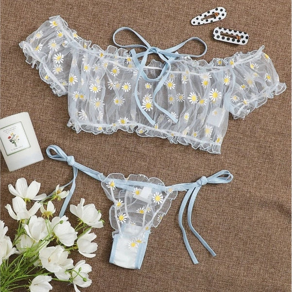 Sexy Women Underwear Lace Floral Wire Free Lingerie Set Off-Shoulder Small Chest Bralette+Thong Beachwear Transparent Bra Set