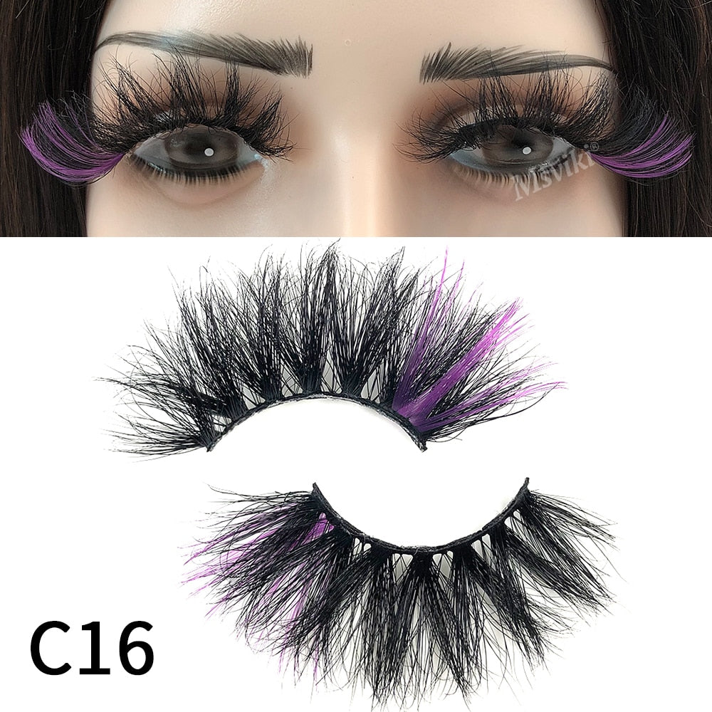 Fluffy 25MM Mink Eyelashes Colored Lashes With Glitter Pink White Red Blue 5D Lashes