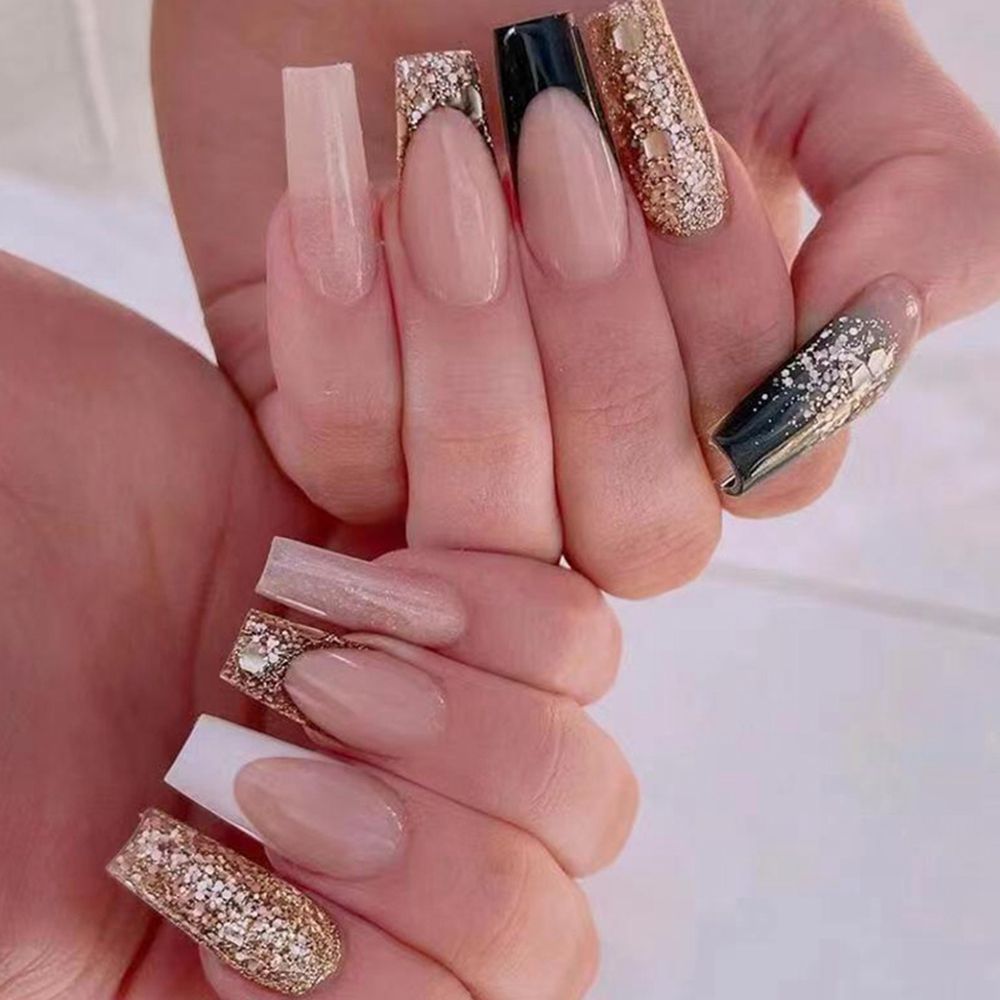 24pcs/Box Glitter Coffin False Nails Pink/White Heart Design French Ballerina Fake Nails Full Cover Nail Tips Press On Nails