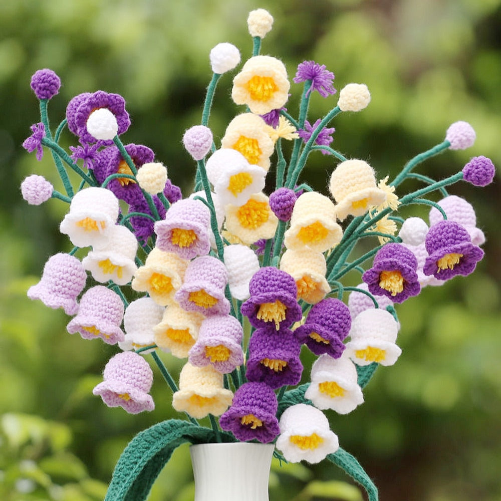 5pcs Finished Handmade Hand-knitted Yarn Crochet Lily of the Valley Artificial Flowers Bouquet Birthday Gift Home Decor