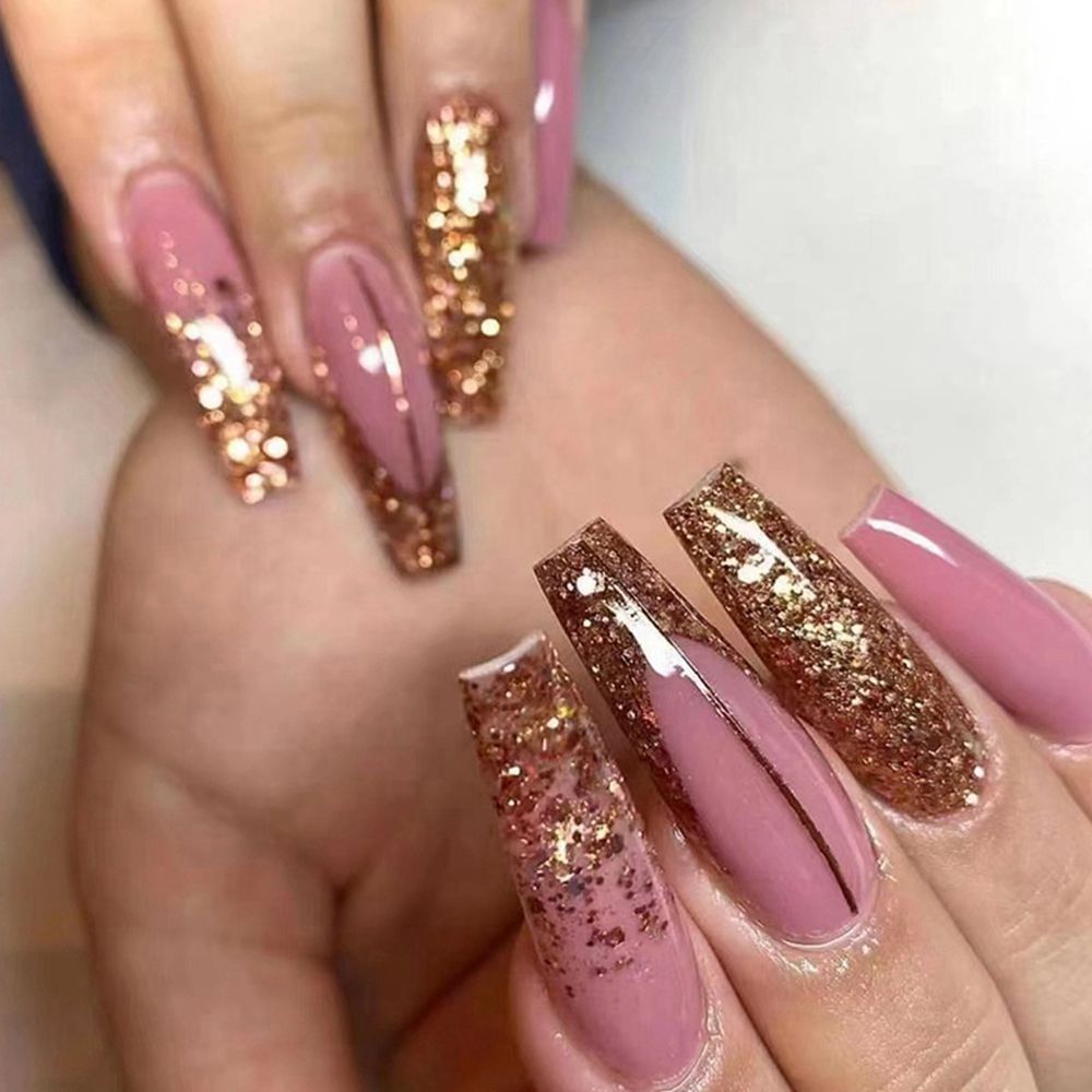 24pcs/Box Glitter Coffin False Nails Pink/White Heart Design French Ballerina Fake Nails Full Cover Nail Tips Press On Nails
