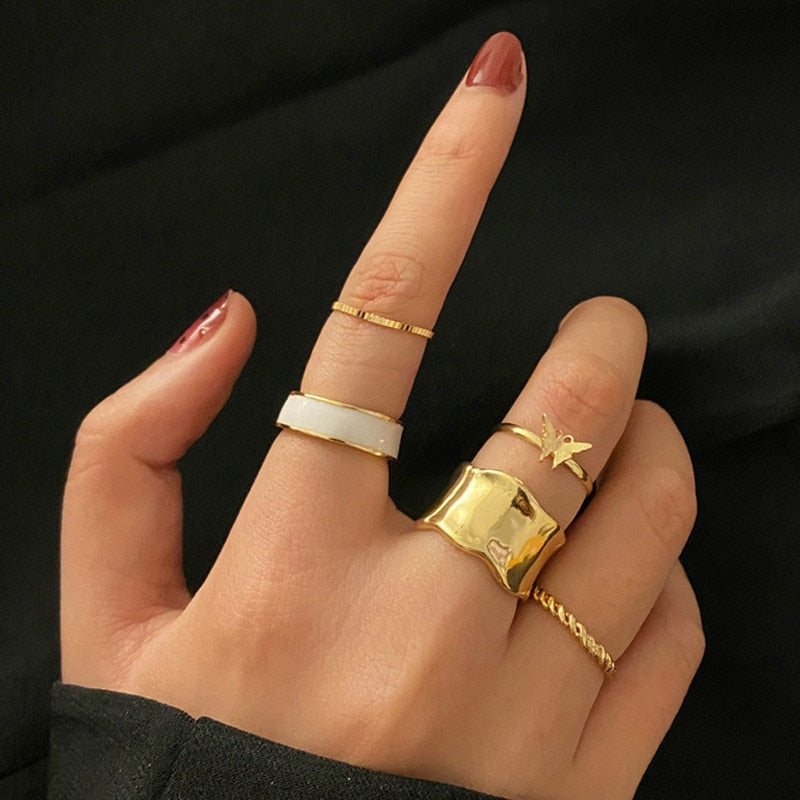 Vintage Bohemian Butterfly Gold Color Ring Sets Zircon Flower Leaf Open Rings for Women Simple Knuckle Accessories