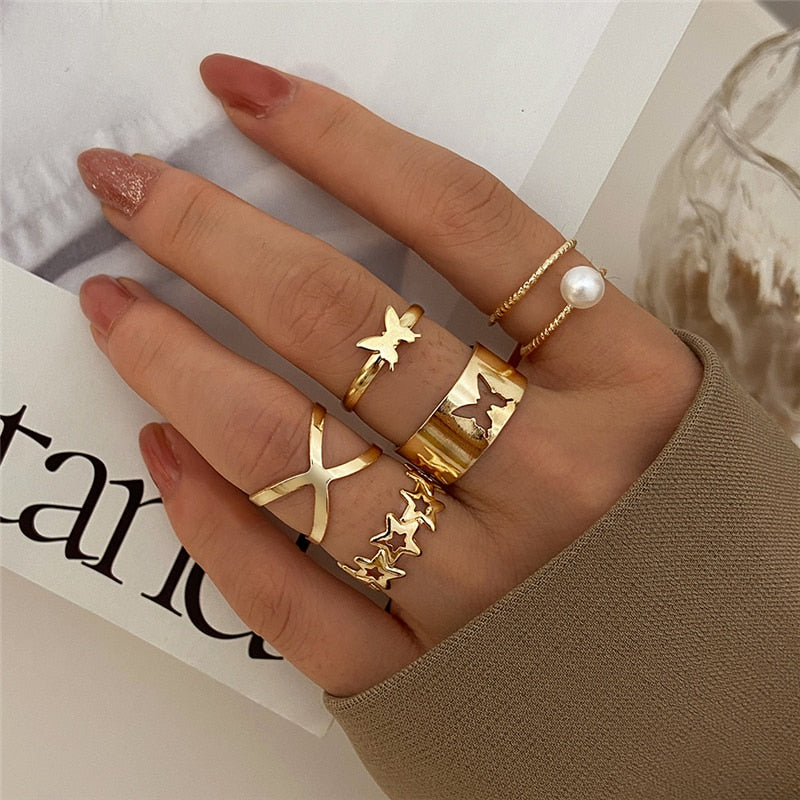 Boho Gold Color 22pcs Heart Rings Set For Women Vintage Geometric Cross Pearl Butterfly Finger Ring Women Jewelry