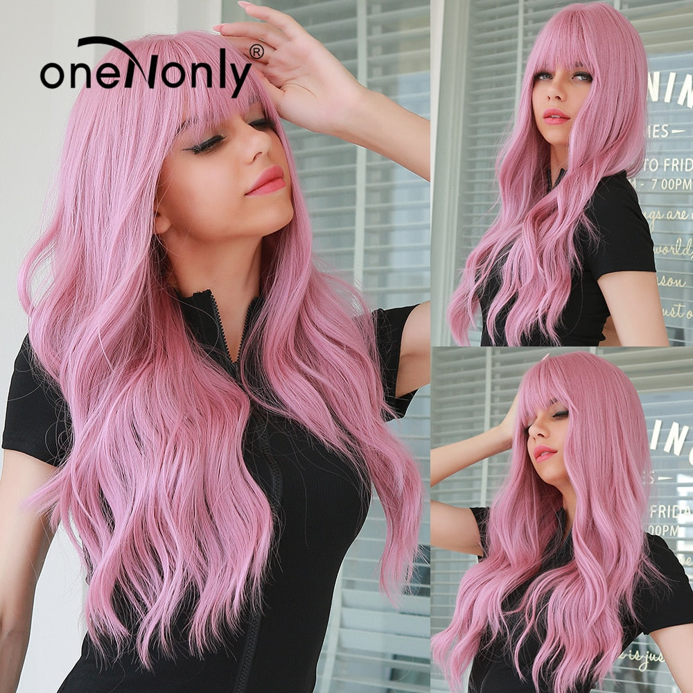 Purple Blue Wig with Bangs Long Wavy Cosplay Lolita Women Wigs Halloween Party High Temperature Hair