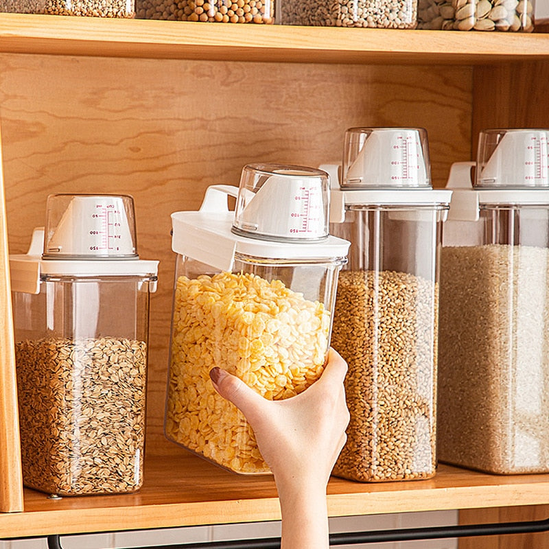 Airtight Food Storage Container Transparent Kitchen Cereal Storage Jars with Measuring Cup Pouring Spout Cabinet Organizer Box