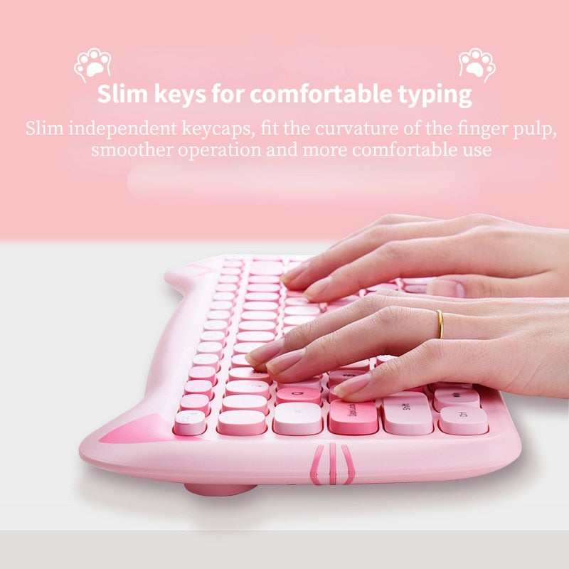 Cute Cat 2.4G Wireless Ergonomics Keyboard Set Mixed Candy Color Keycap Keyboard and Mouse Comb for Laptop Notebook PC