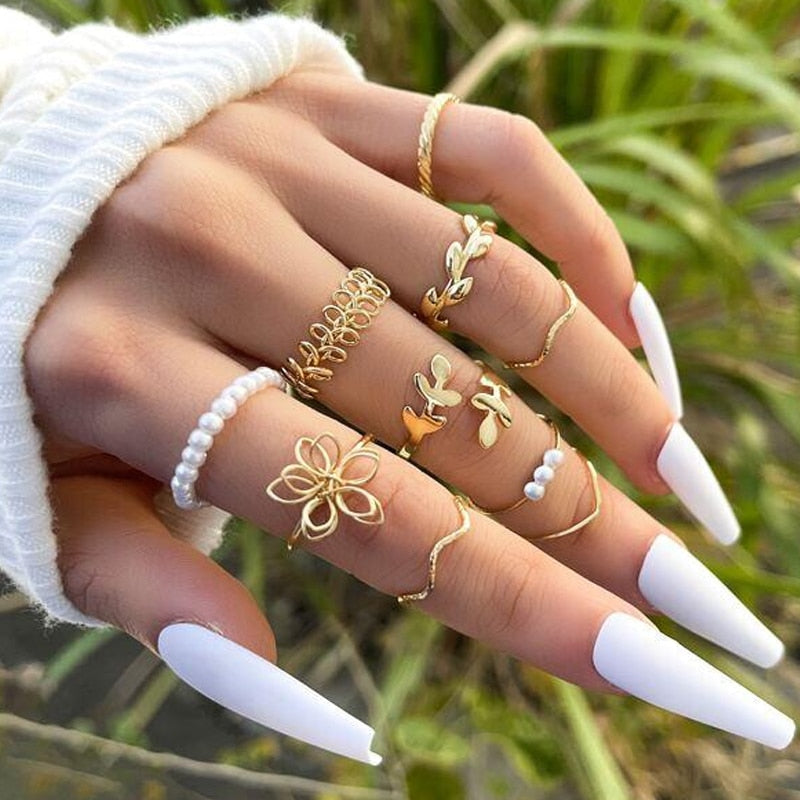 Boho Gold Color 22pcs Heart Rings Set For Women Vintage Geometric Cross Pearl Butterfly Finger Ring Women Jewelry