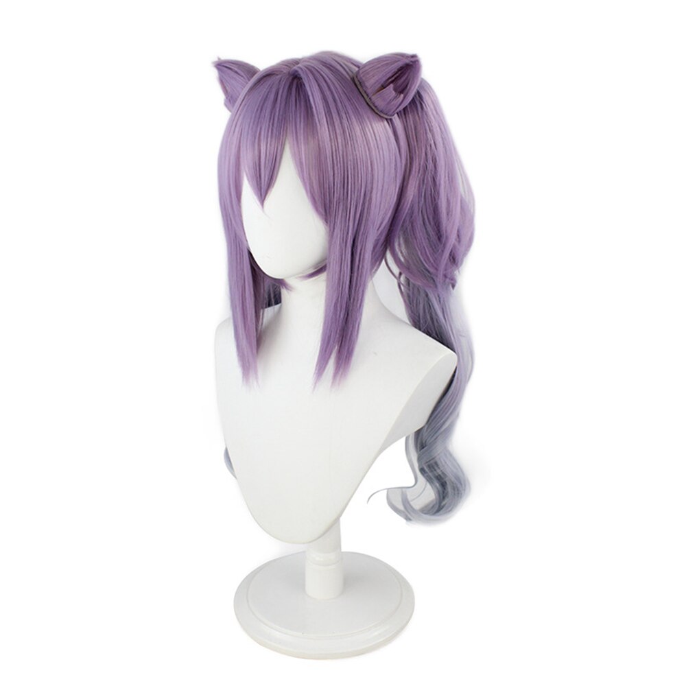 GenshinKe Qing Cosplay Long Double Ponytail Ladies Synthetic Light Purple Wig With Bangs Gradient Light Color Wig + Free Wig Cap
