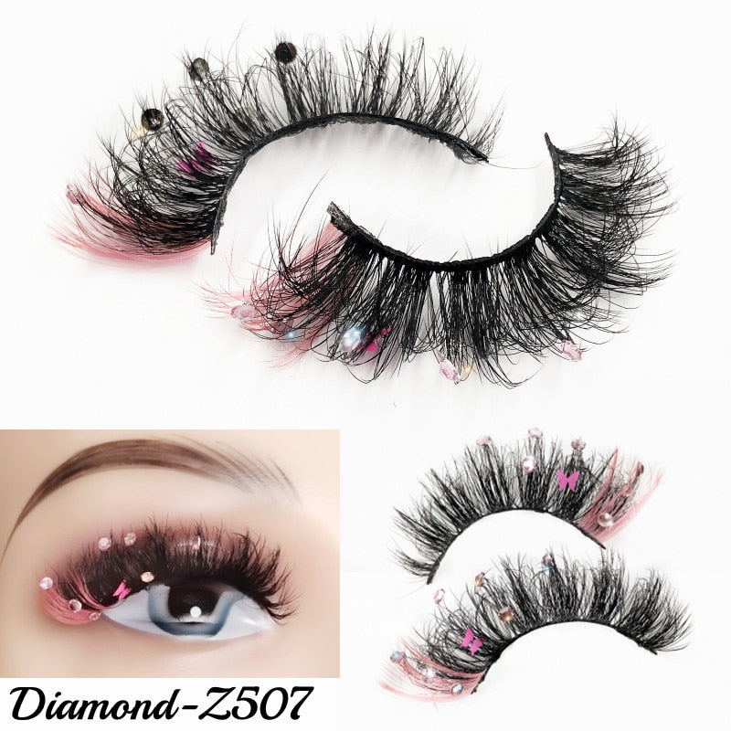 20MM Faux Mink Color Diamond Butterfly Flower Eyelashes Fluffy Wispy Thick Blue Pink Red Bulk False Lashes
