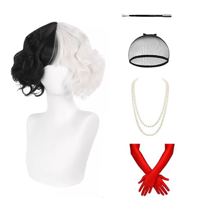 Anime Cruella De Vil Short Cruly Half Black And Half White Wavy Band Bangs Ladies Cosplay Wig Synthetic Halloween Wig + Wig Cap