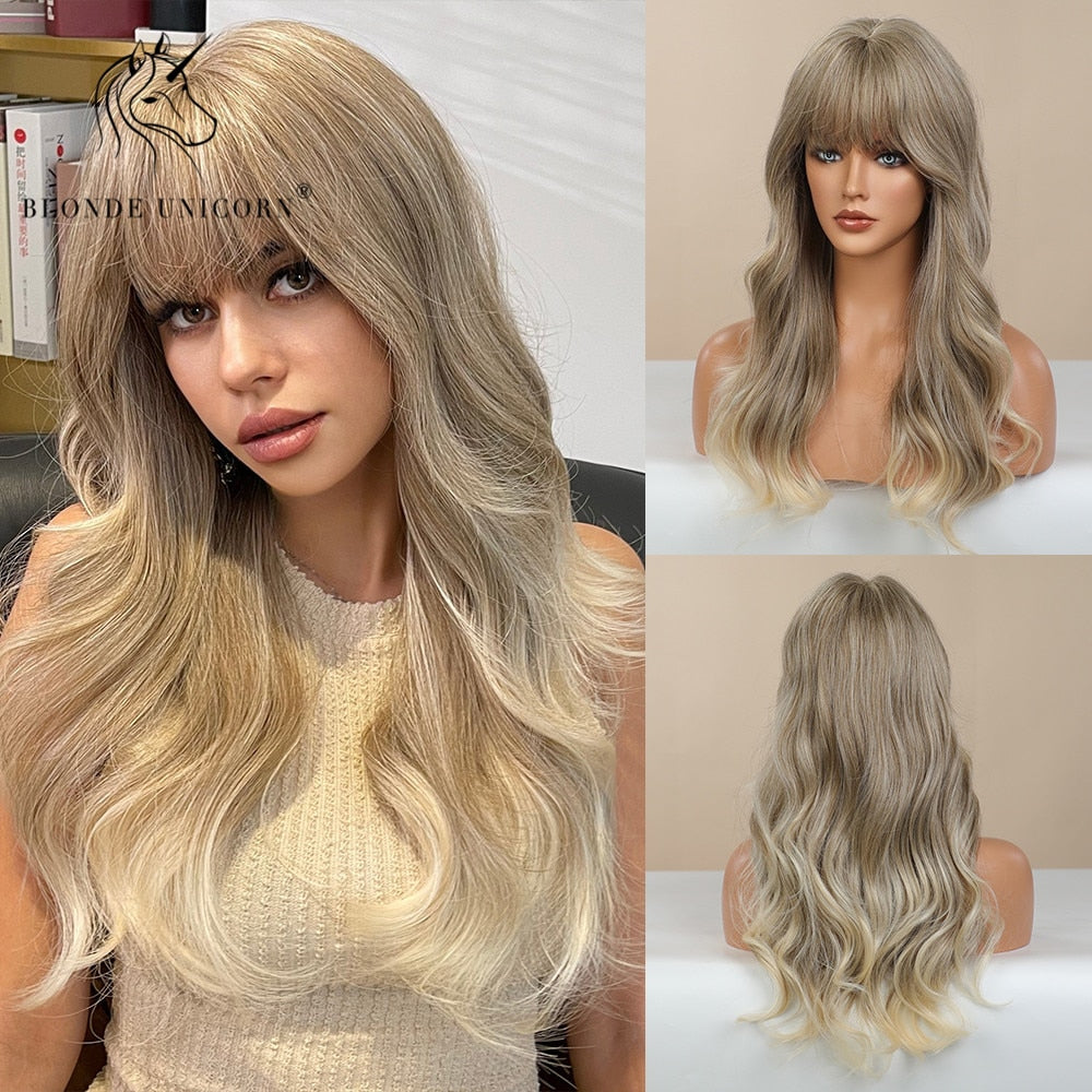 Blonde Unicorn Synthetic Long Wavy Wig Ombre Purple to Blue For WOMEN Cosplay halloween Wigs Heat Resistant Fiber Bangs Hair